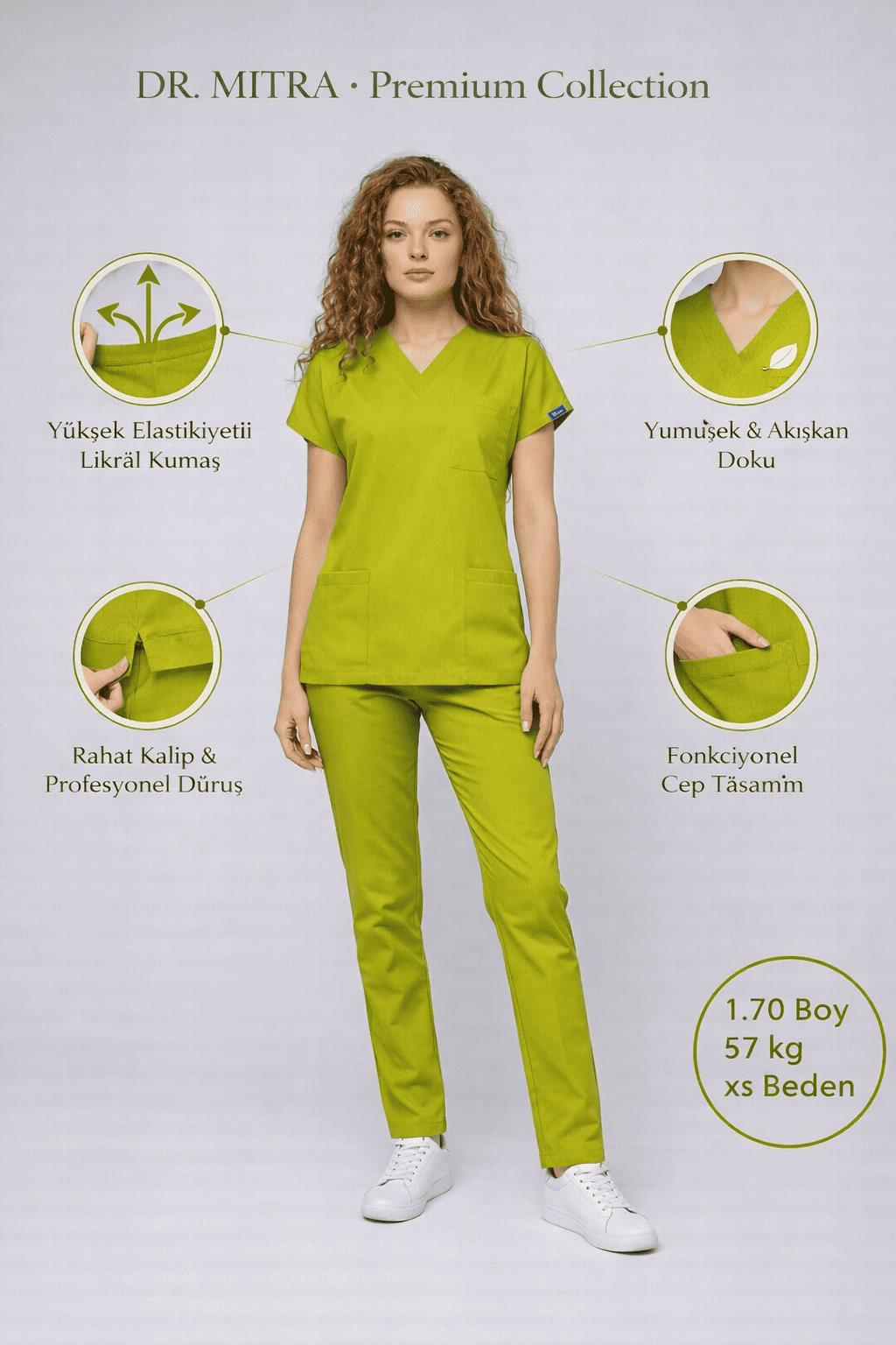 Ceviz Yeşili Likralı Hemşire Doktor Forması Unisex Cerrahi Takım Scrubs Üniforma
