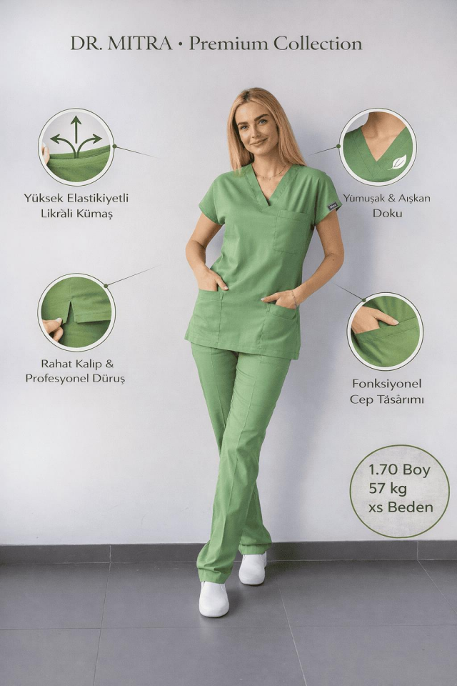 Fıstık Yeşili Likralı Hemşire Doktor Forması Unisex Cerrahi Takım Scrubs Üniforma