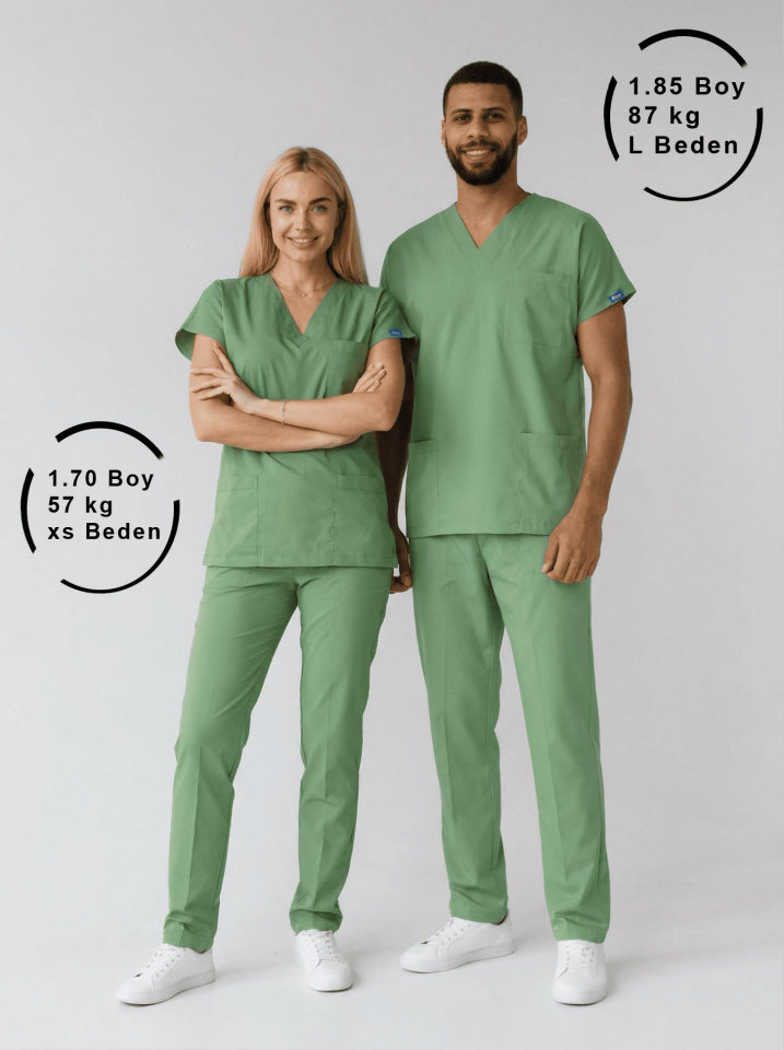 Fıstık Yeşili Likralı Hemşire Doktor Forması Unisex Cerrahi Takım Scrubs Üniforma