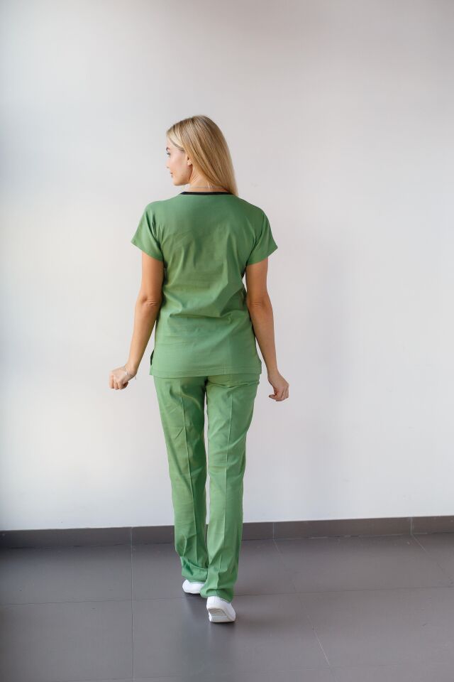 Fıstık Yeşili Likralı Hemşire Doktor Forması Unisex Cerrahi Takım Scrubs Üniforma