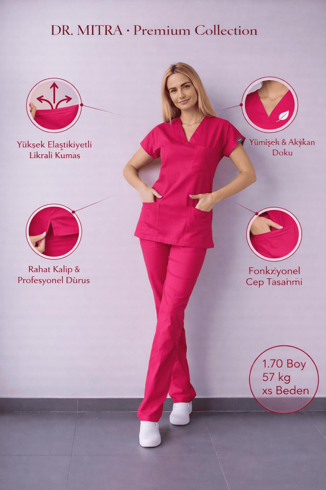 Fuşya Likralı Hemşire Doktor Forması Unisex Cerrahi Takım Scrubs Üniforma