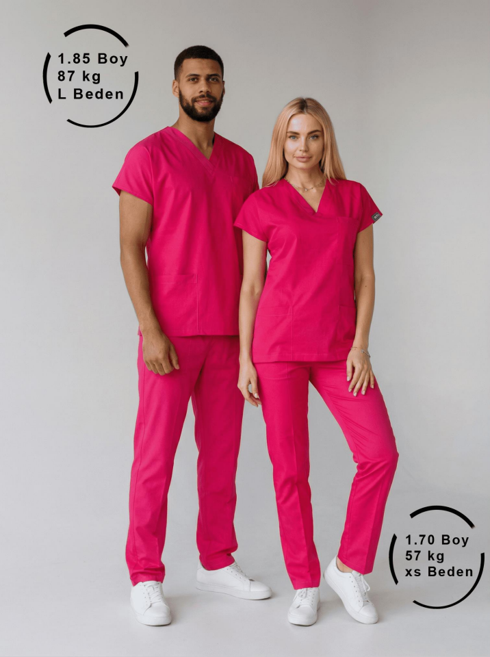 Fuşya Likralı Hemşire Doktor Forması Unisex Cerrahi Takım Scrubs Üniforma