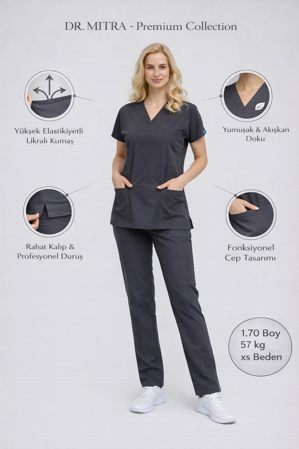 Füme Likralı Hemşire Doktor Forması Unisex Cerrahi Takım Scrubs Üniforma