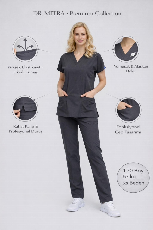 Füme Likralı Hemşire Doktor Forması Unisex Cerrahi Takım Scrubs Üniforma