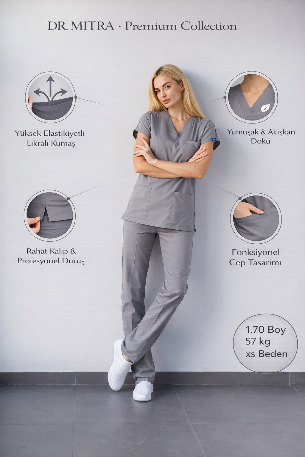 Gri Likralı Hemşire Doktor Forması Unisex Cerrahi Takım Scrubs Üniforma