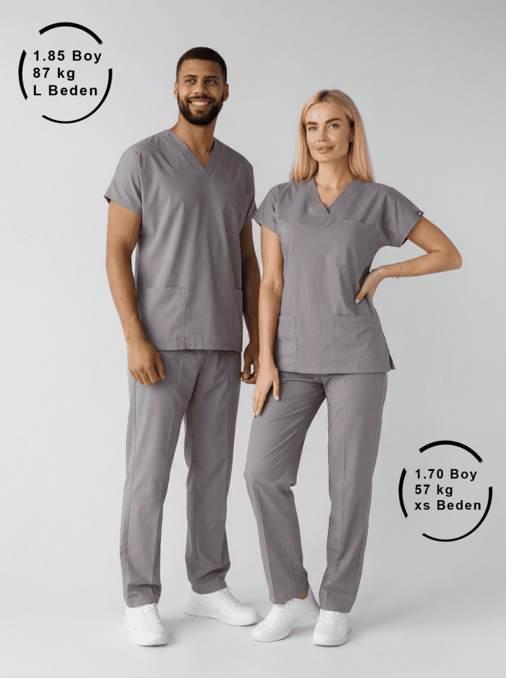 Gri Likralı Hemşire Doktor Forması Unisex Cerrahi Takım Scrubs Üniforma