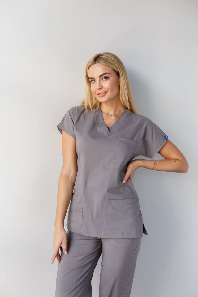 Gri Likralı Hemşire Doktor Forması Unisex Cerrahi Takım Scrubs Üniforma