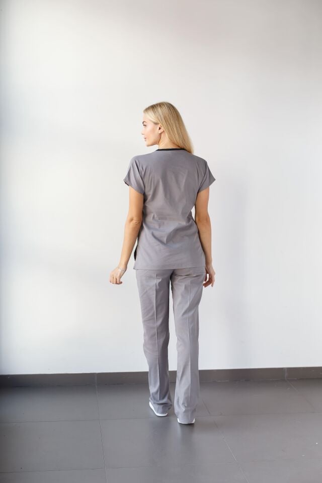 Gri Likralı Hemşire Doktor Forması Unisex Cerrahi Takım Scrubs Üniforma
