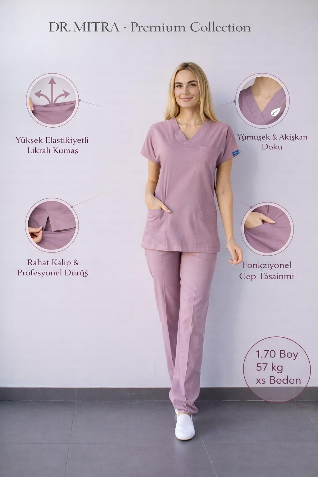 Gül Kurusu Likralı Hemşire Doktor Forması Unisex Cerrahi Takım Scrubs Üniforma