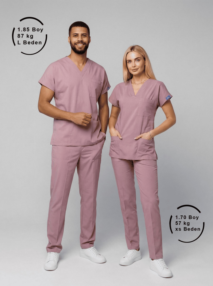 Gül Kurusu Likralı Hemşire Doktor Forması Unisex Cerrahi Takım Scrubs Üniforma