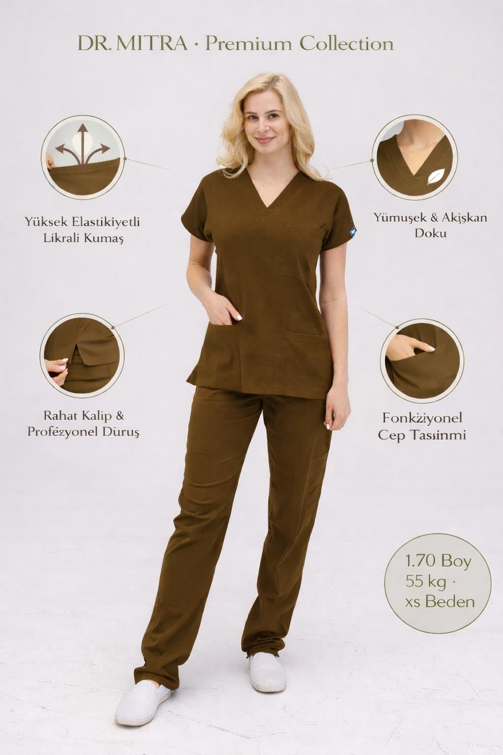 Kahverengi Likralı Hemşire Doktor Forması Unisex Cerrahi Takım Scrubs Üniforma