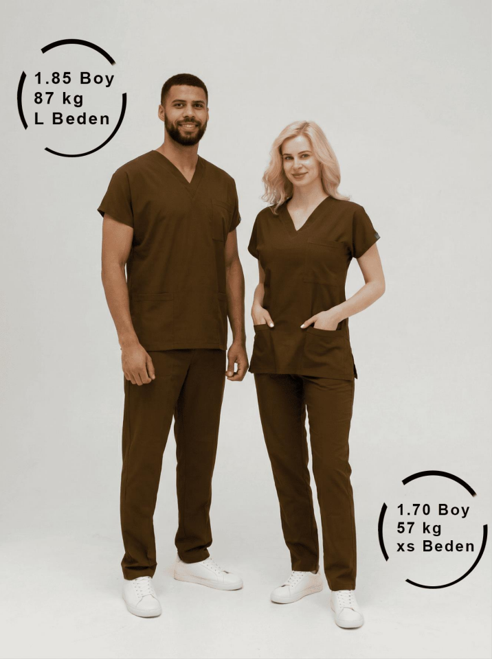 Kahverengi Likralı Hemşire Doktor Forması Unisex Cerrahi Takım Scrubs Üniforma