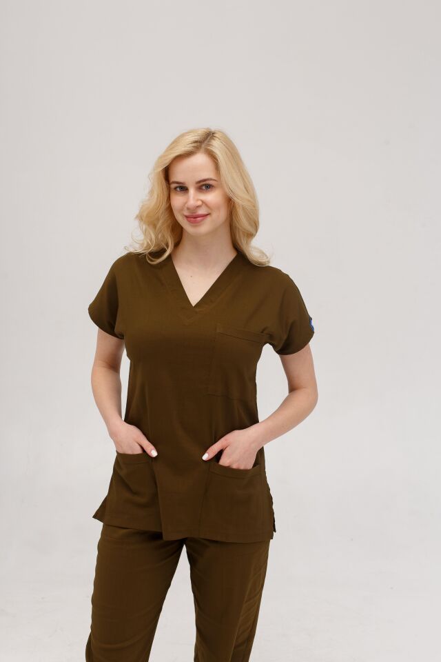 Kahverengi Likralı Hemşire Doktor Forması Unisex Cerrahi Takım Scrubs Üniforma