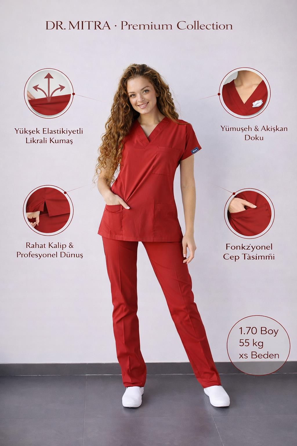 Kiremit Likralı Hemşire Doktor Forması Unisex Cerrahi Takım Scrubs Üniforma