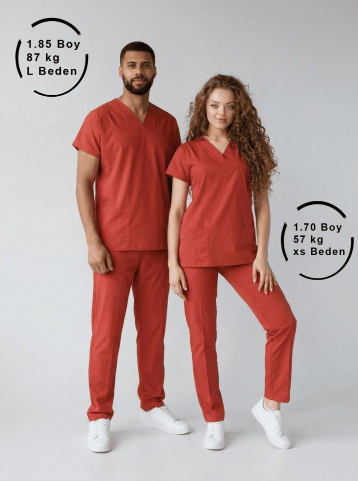 Kiremit Likralı Hemşire Doktor Forması Unisex Cerrahi Takım Scrubs Üniforma