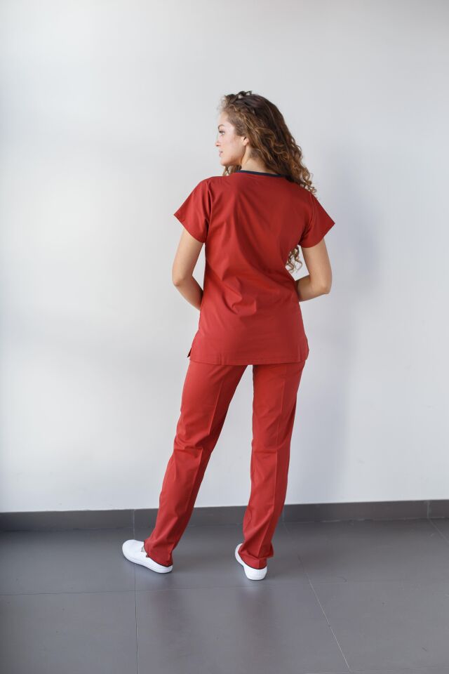Kiremit Likralı Hemşire Doktor Forması Unisex Cerrahi Takım Scrubs Üniforma