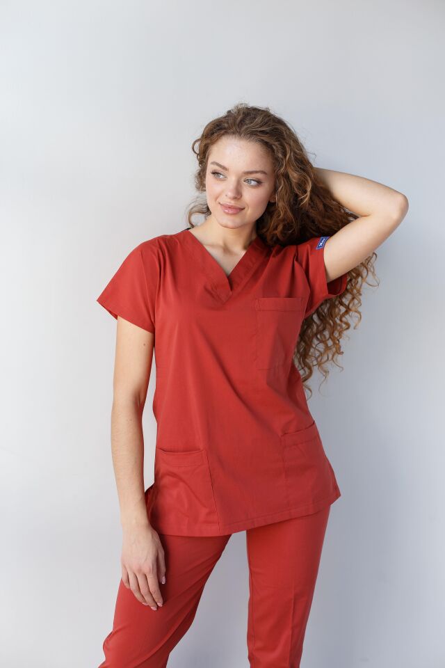 Kiremit Likralı Hemşire Doktor Forması Unisex Cerrahi Takım Scrubs Üniforma