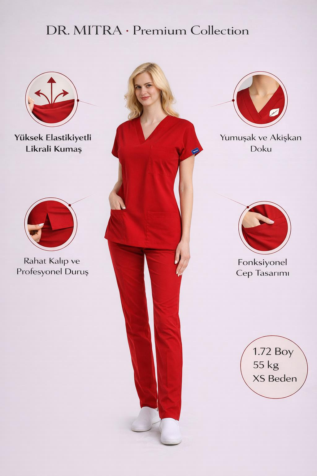 Kırmızı Likralı Hemşire Doktor Forması Unisex Cerrahi Takım Scrubs Üniforma