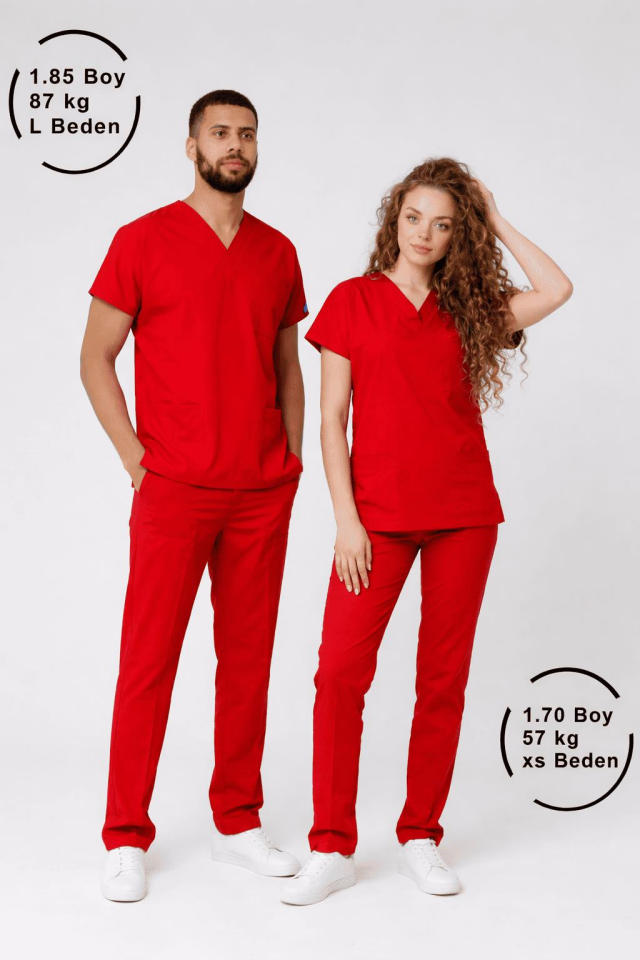 Kırmızı Likralı Hemşire Doktor Forması Unisex Cerrahi Takım Scrubs Üniforma