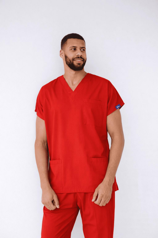 Kırmızı Likralı Hemşire Doktor Forması Unisex Cerrahi Takım Scrubs Üniforma