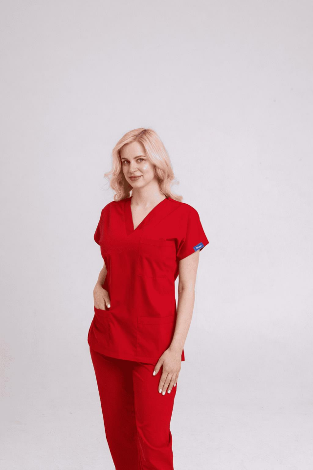 Kırmızı Likralı Hemşire Doktor Forması Unisex Cerrahi Takım Scrubs Üniforma