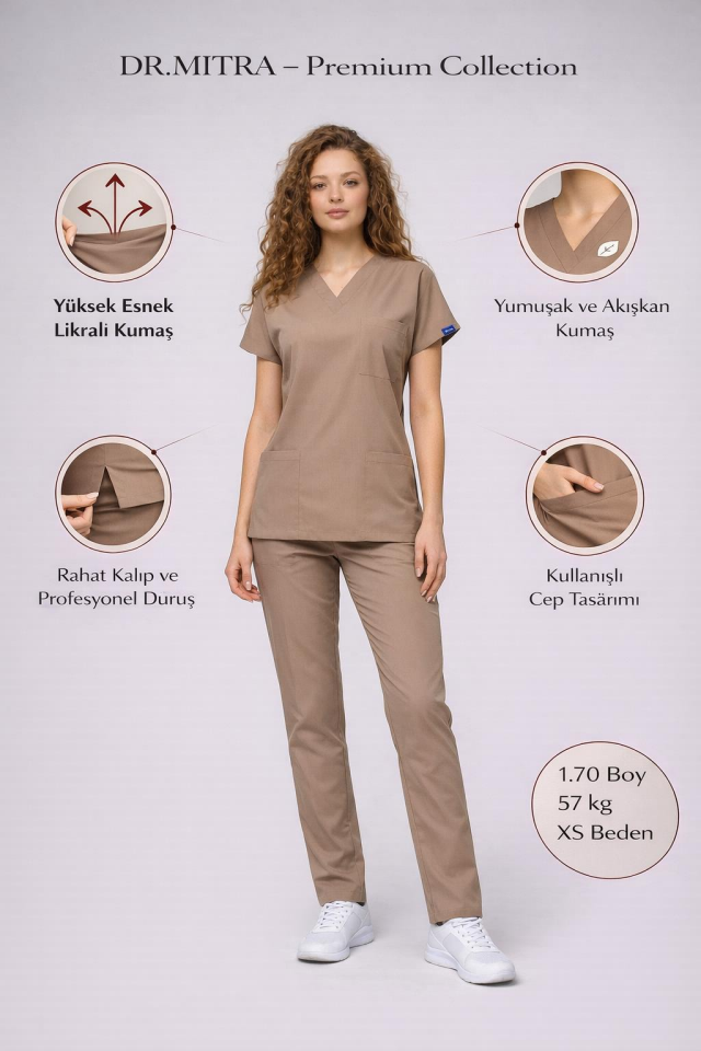 Koyu Bej Likralı Hemşire Doktor Forması Unisex Cerrahi Takım Scrubs Üniforma