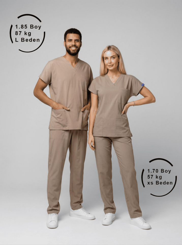 Koyu Bej Likralı Hemşire Doktor Forması Unisex Cerrahi Takım Scrubs Üniforma