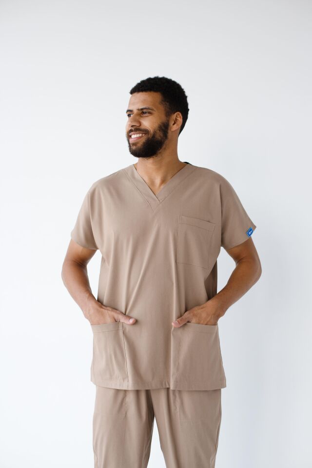 Koyu Bej Likralı Hemşire Doktor Forması Unisex Cerrahi Takım Scrubs Üniforma