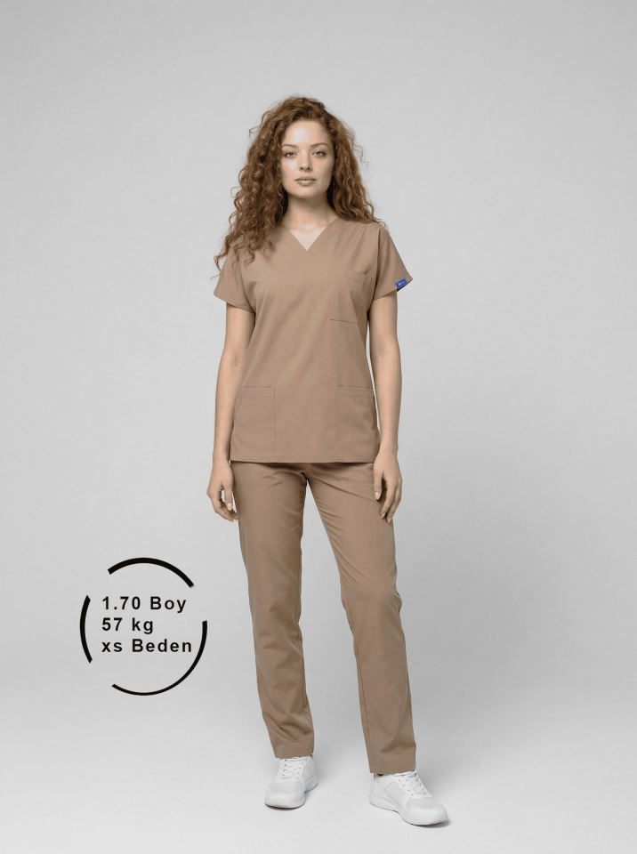 Koyu Bej Likralı Hemşire Doktor Forması Unisex Cerrahi Takım Scrubs Üniforma