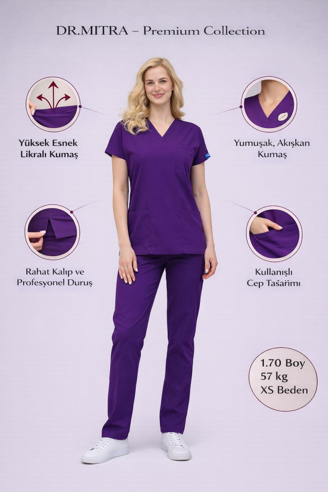 Koyu Mor Likralı Hemşire Doktor Forması Unisex Cerrahi Takım Scrubs Üniforma