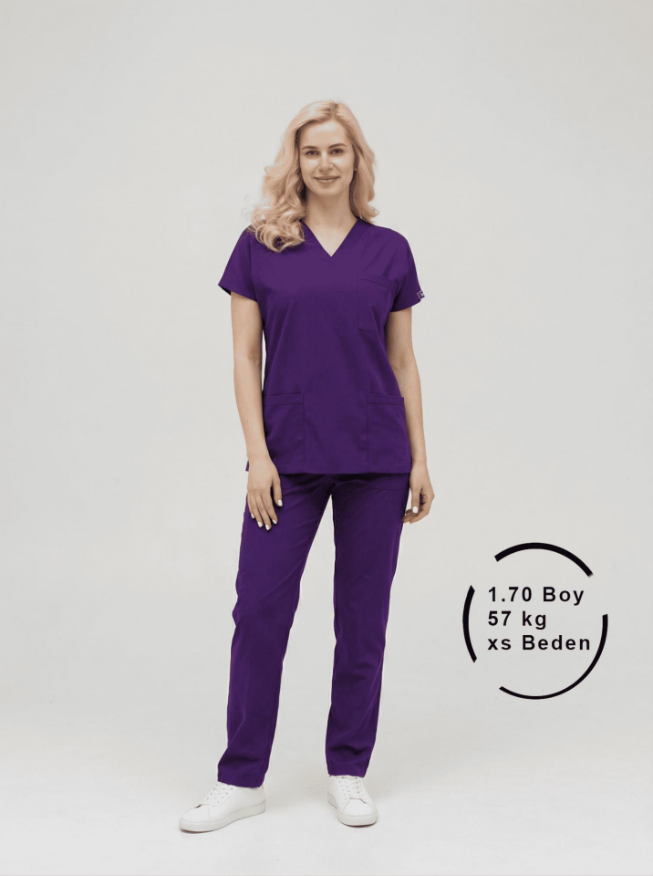 Koyu Mor Likralı Hemşire Doktor Forması Unisex Cerrahi Takım Scrubs Üniforma