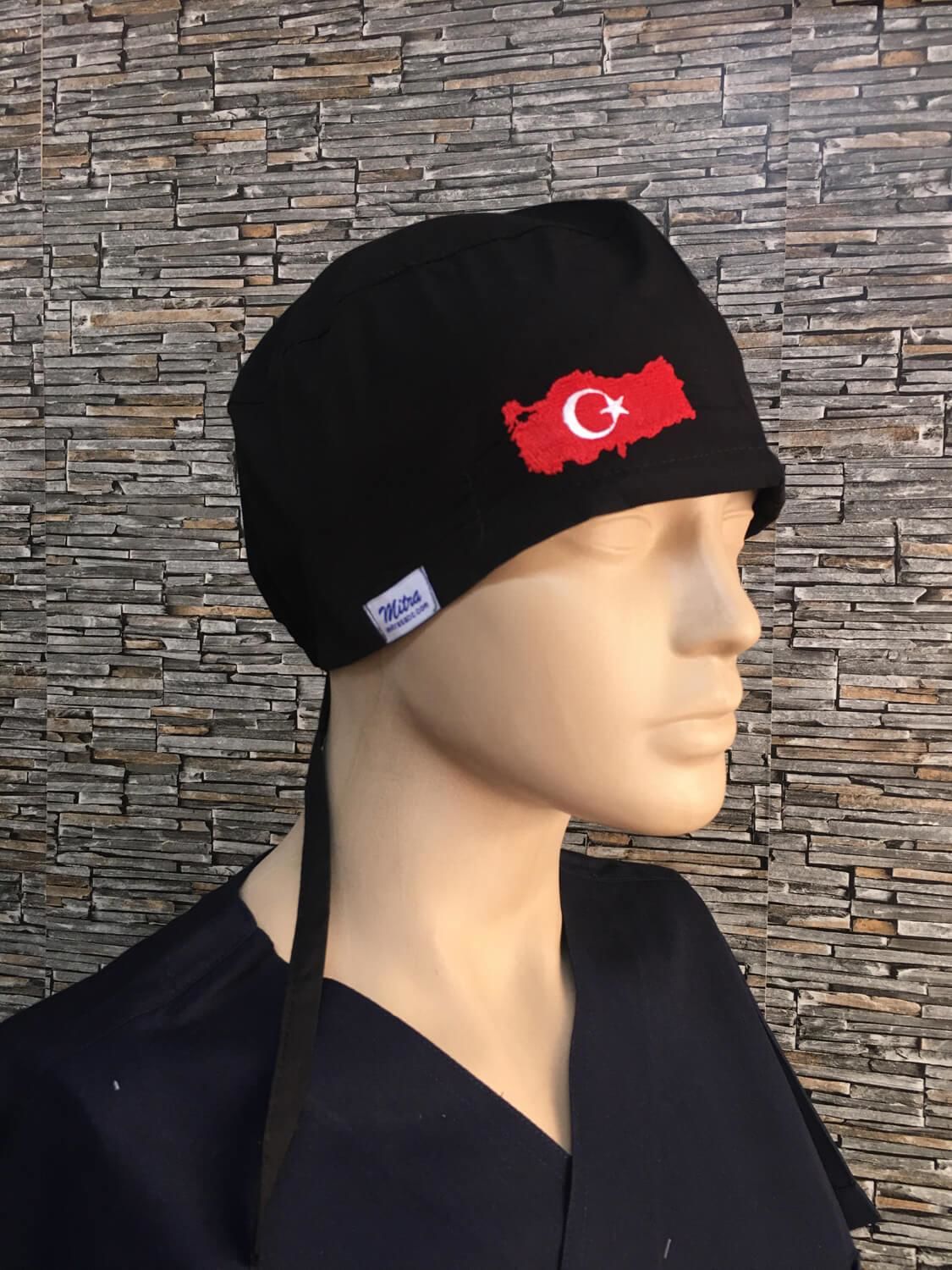 Türk Bayrağı Desenli Siyah Bone