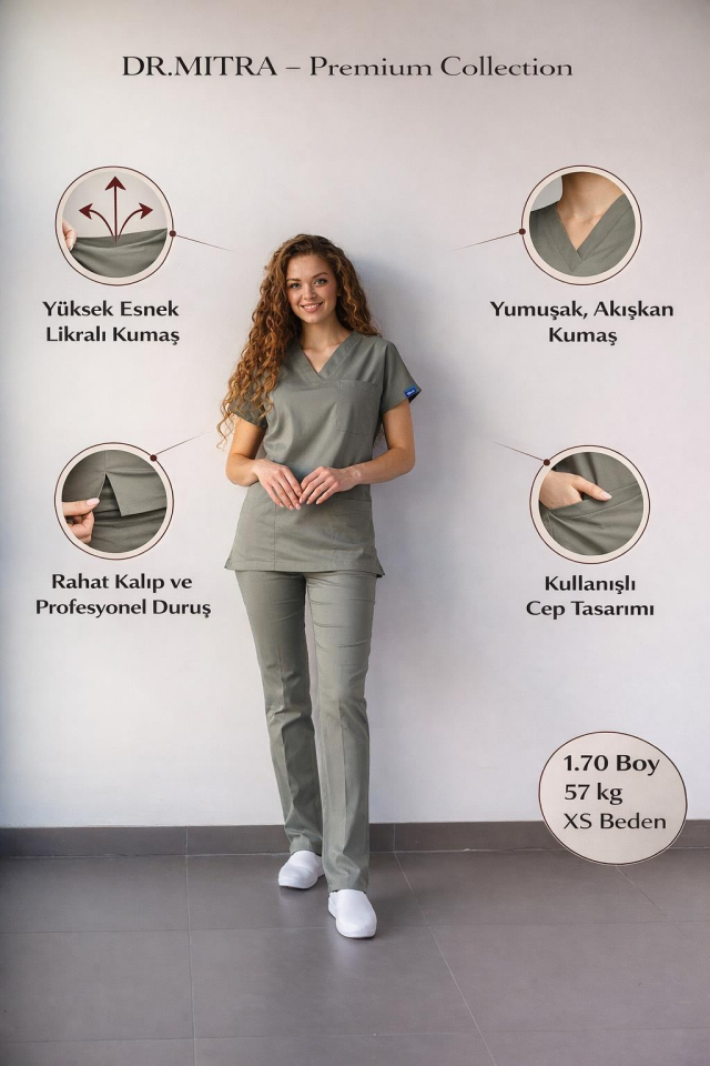 Küf Yeşili Likralı Hemşire Doktor Forması Unisex Cerrahi Takım Scrubs Üniforma
