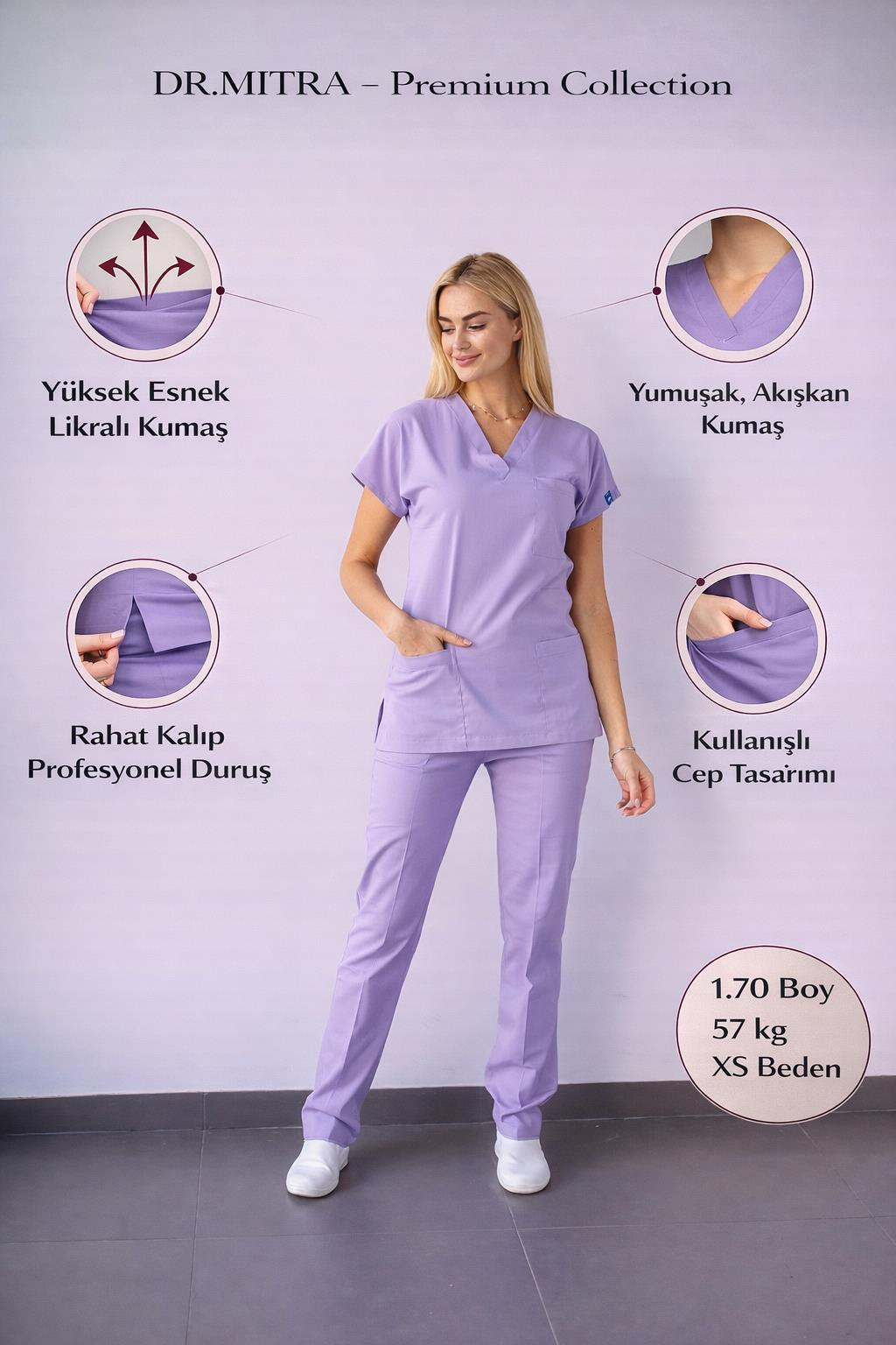Lila Likralı Hemşire Doktor Forması Unisex Cerrahi Takım Scrubs Üniforma