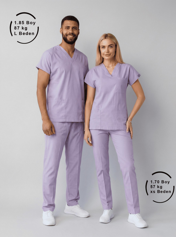 Lila Likralı Hemşire Doktor Forması Unisex Cerrahi Takım Scrubs Üniforma
