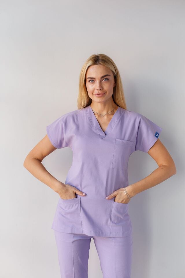 Lila Likralı Hemşire Doktor Forması Unisex Cerrahi Takım Scrubs Üniforma