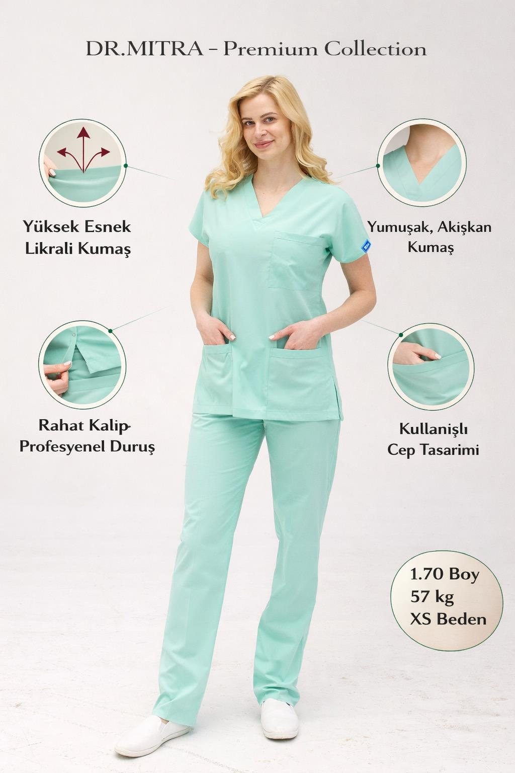 Mint Yeşili Likralı Hemşire Doktor Forması Unisex Cerrahi Takım Scrubs Üniforma