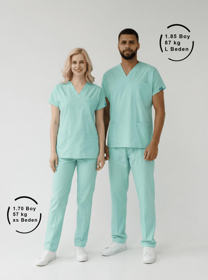 Mint Yeşili Likralı Hemşire Doktor Forması Unisex Cerrahi Takım Scrubs Üniforma