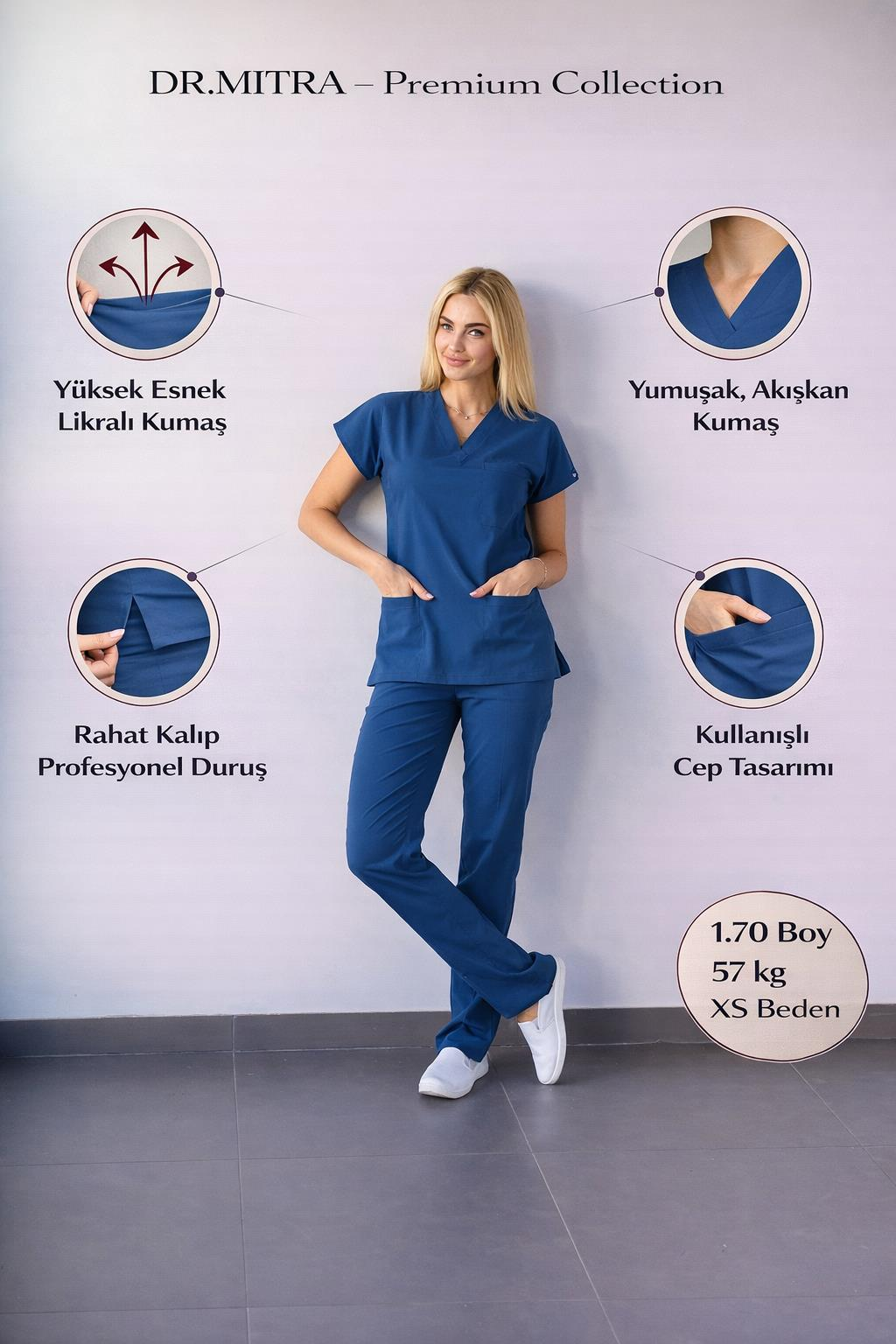 Petrol Mavisi Likralı Hemşire Doktor Forması Unisex Cerrahi Takım Scrubs Üniforma