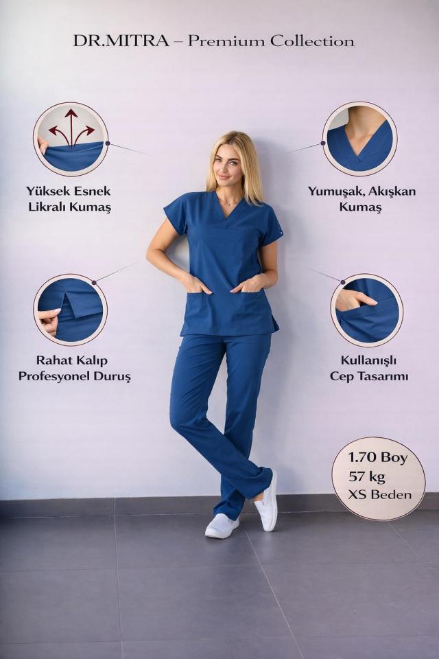 Petrol Mavisi Likralı Hemşire Doktor Forması Unisex Cerrahi Takım Scrubs Üniforma