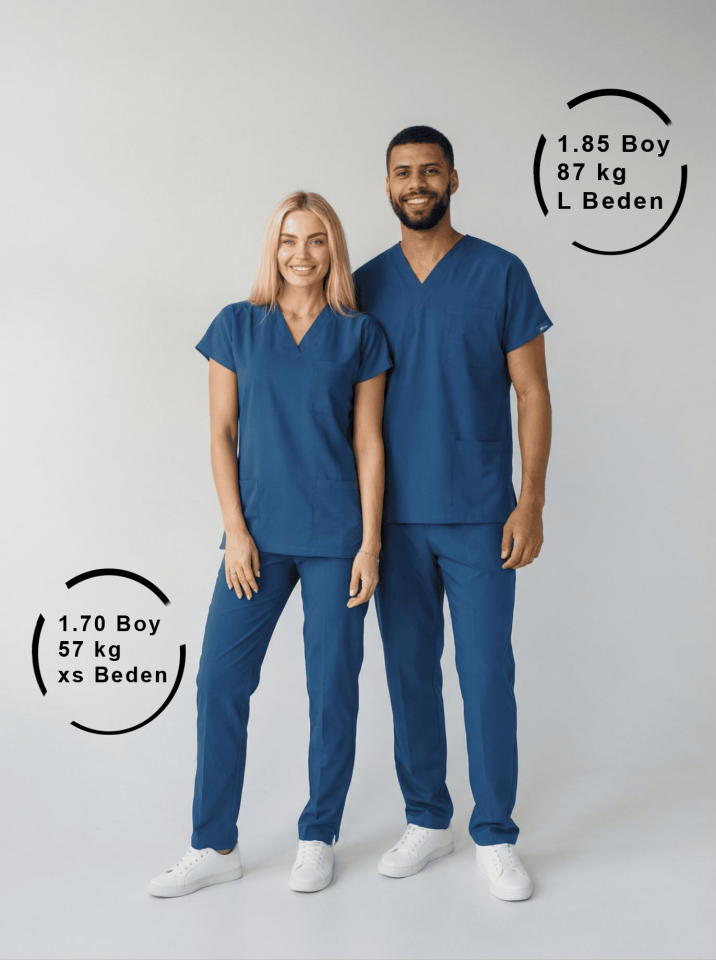 Petrol Mavisi Likralı Hemşire Doktor Forması Unisex Cerrahi Takım Scrubs Üniforma