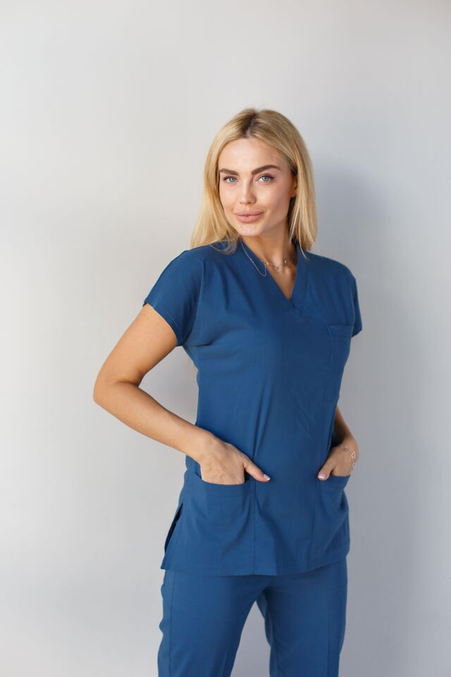 Petrol Mavisi Likralı Hemşire Doktor Forması Unisex Cerrahi Takım Scrubs Üniforma XXL - Petrol Mavisi