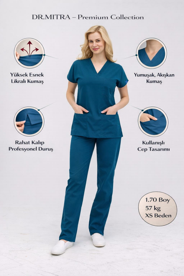 Petrol Yeşili Likralı Hemşire Doktor Forması Unisex Cerrahi Takım Scrubs Üniforma