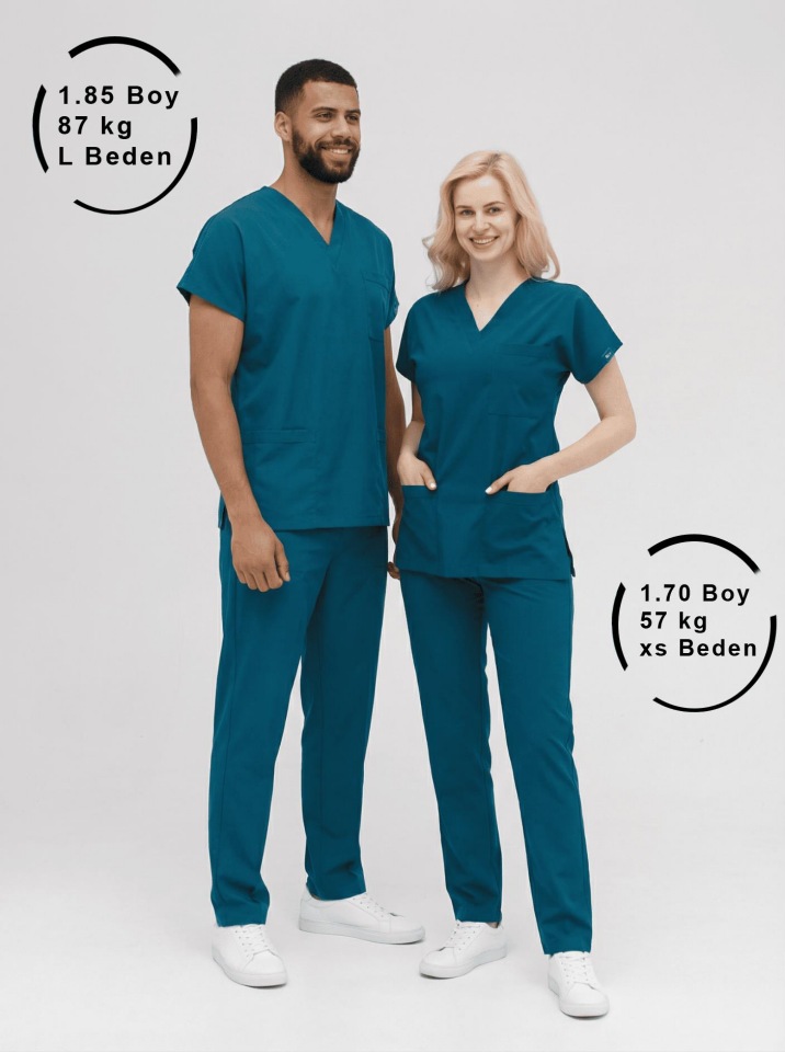 Petrol Yeşili Likralı Hemşire Doktor Forması Unisex Cerrahi Takım Scrubs Üniforma