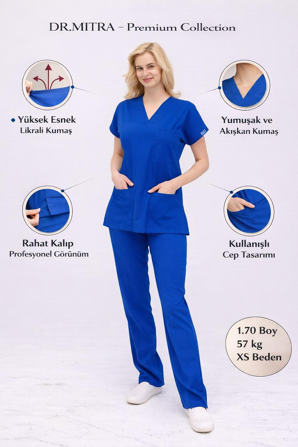 Saks Mavi Likralı Hemşire Doktor Forması Unisex Cerrahi Takım Scrubs Üniforma