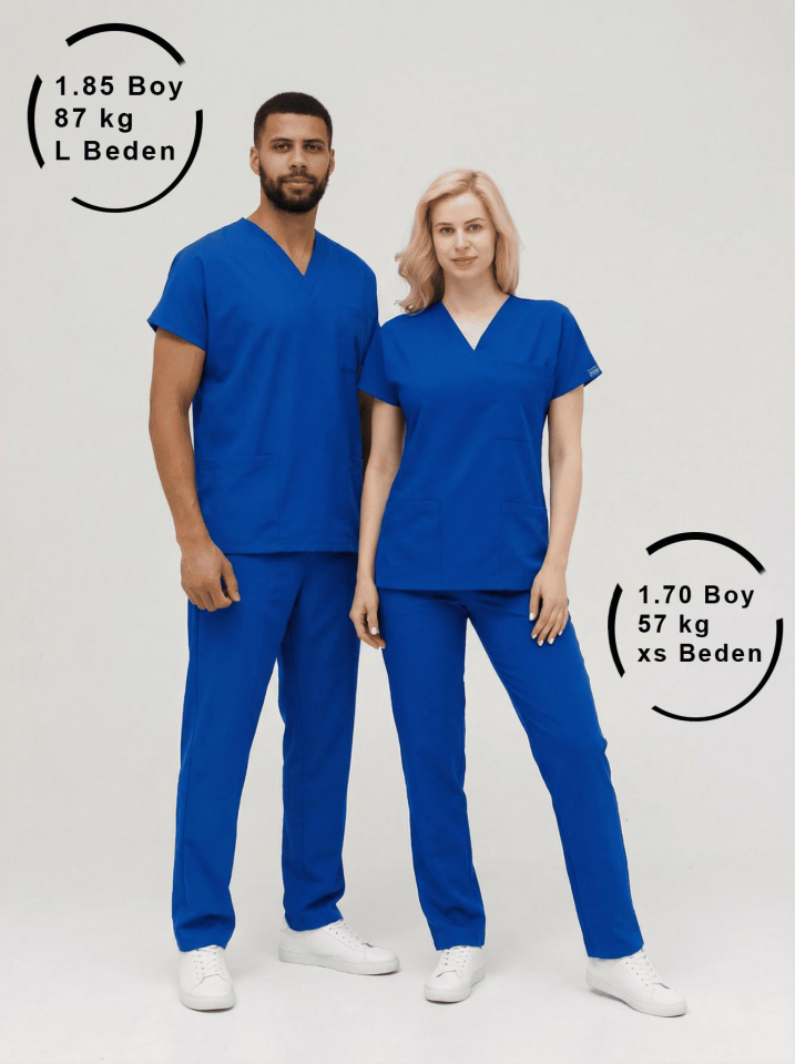 Saks Mavi Likralı Hemşire Doktor Forması Unisex Cerrahi Takım Scrubs Üniforma