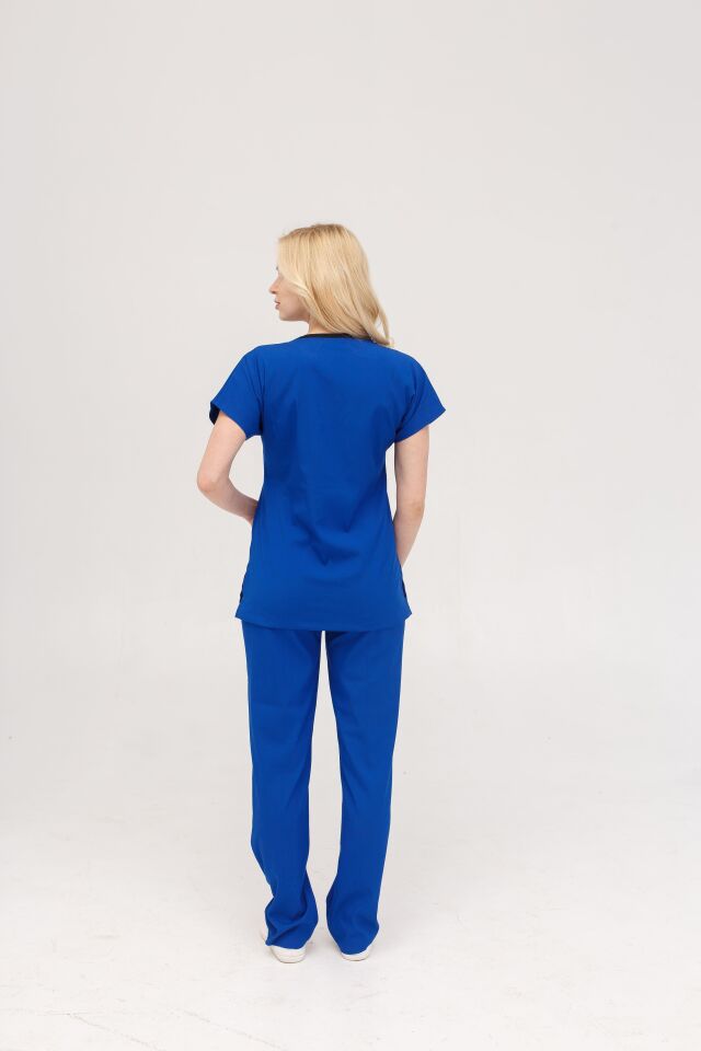 Saks Mavi Likralı Hemşire Doktor Forması Unisex Cerrahi Takım Scrubs Üniforma