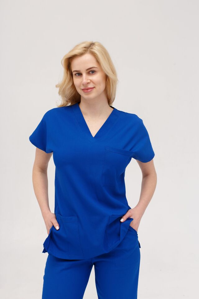 Saks Mavi Likralı Hemşire Doktor Forması Unisex Cerrahi Takım Scrubs Üniforma