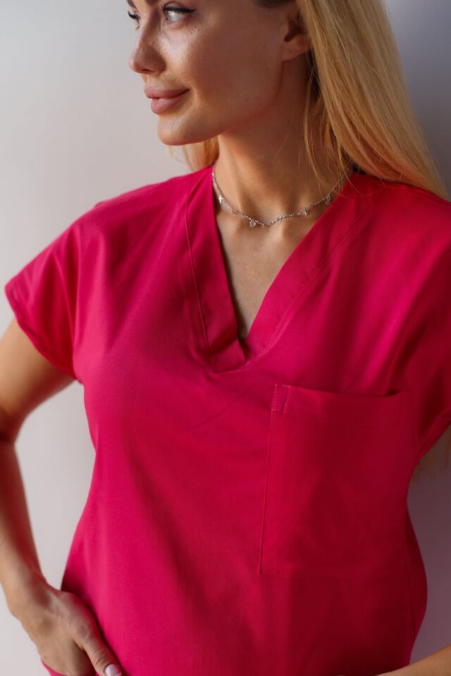 Kadın Likralı Yarasa Kol Hemşire Doktor Takım Fuşya