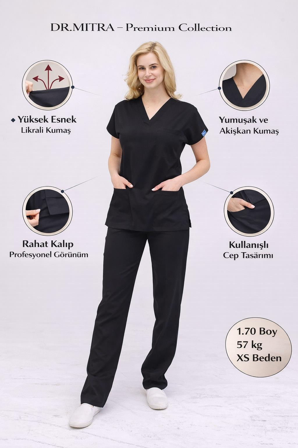 Siyah Likralı Hemşire Doktor Forması Unisex Cerrahi Takım Scrubs Üniforma